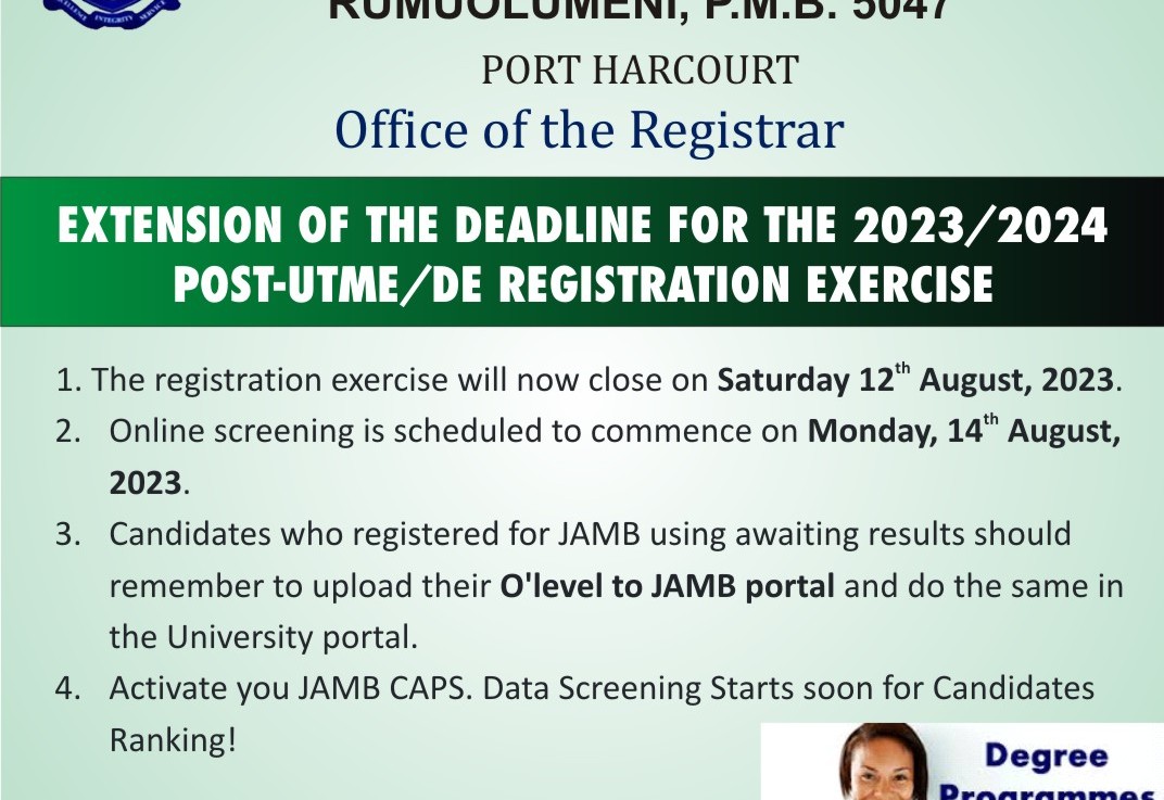 Extension of the Deadline for the 2023/2024 Post UTME/DE Registration Exercise